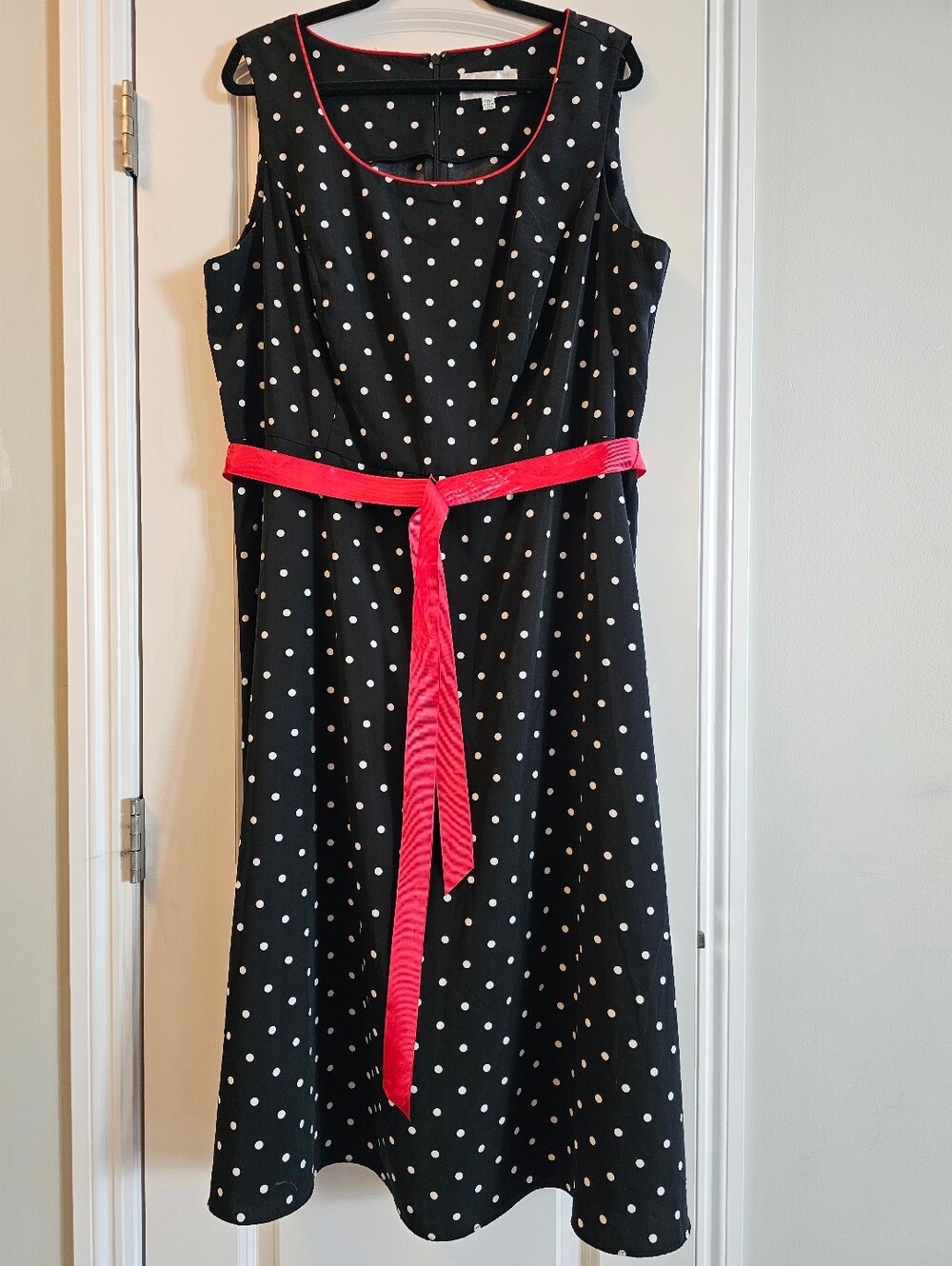 Studio I Black Polka Dot Sleeveless Dress with Red Trim And Grosgrain Belt 18W